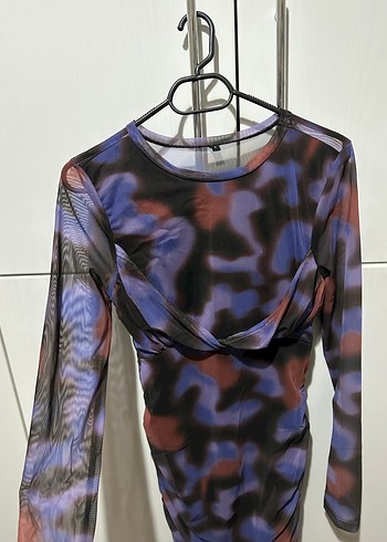 Uzun Kollu Mor Batik Mini Elbise - Görsel 2