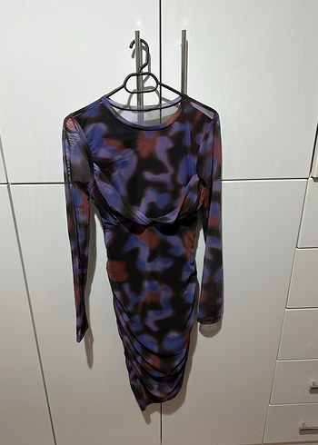 Uzun Kollu Mor Batik Mini Elbise - Görsel 4