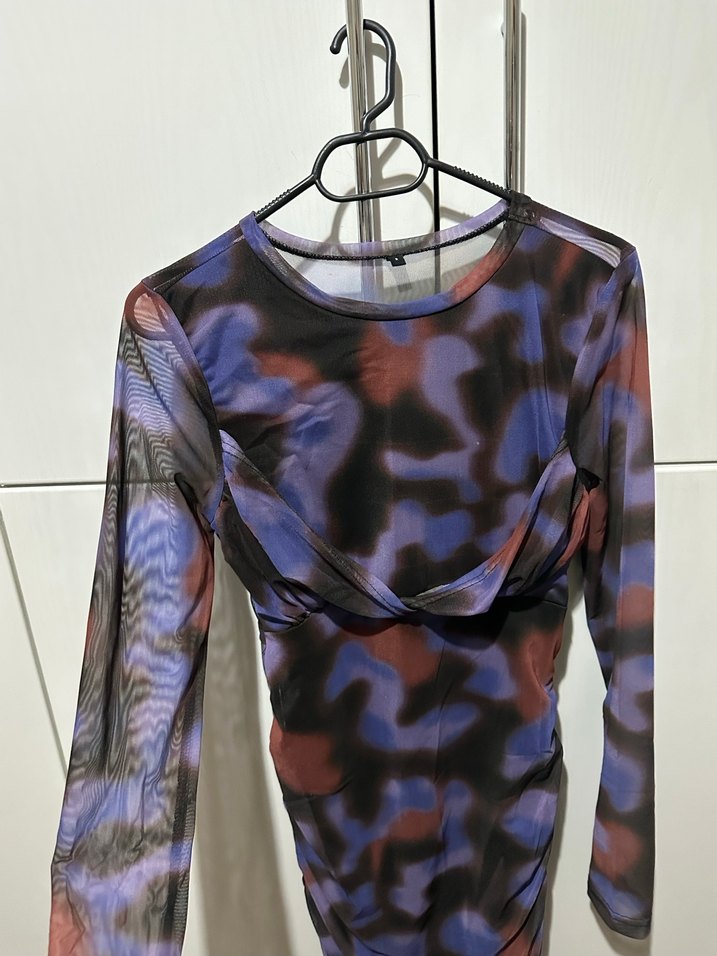 Uzun Kollu Mor Batik Mini Elbise - Görsel 2