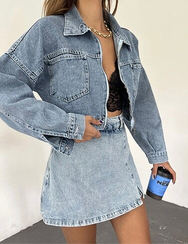 l Beden Fermuarlı Çift Cepli Denim Ceket