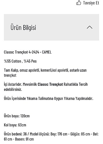 l Beden camel Renk Trençkot