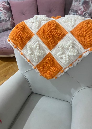 Turuncu Beyaz Kareli Çocuk Örgü Battaniye - Görsel 2