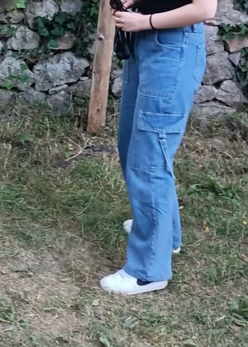 40 Beden mavi Renk Mavi kargo cepli wide leg jeans