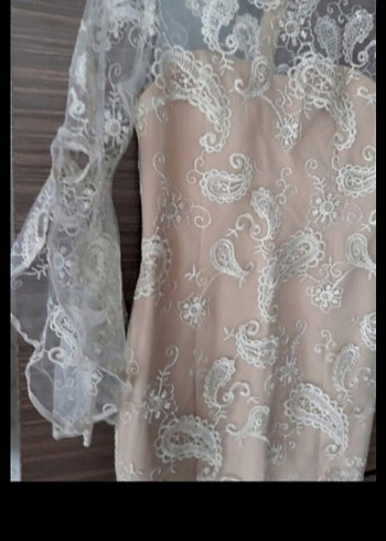 Diğer Dantel Detaylı Uzun Kollu Bej Vintage Elbise