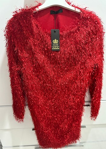 Kırmızı Kürk Detaylı Mini Kadın Elbise - Görsel 4