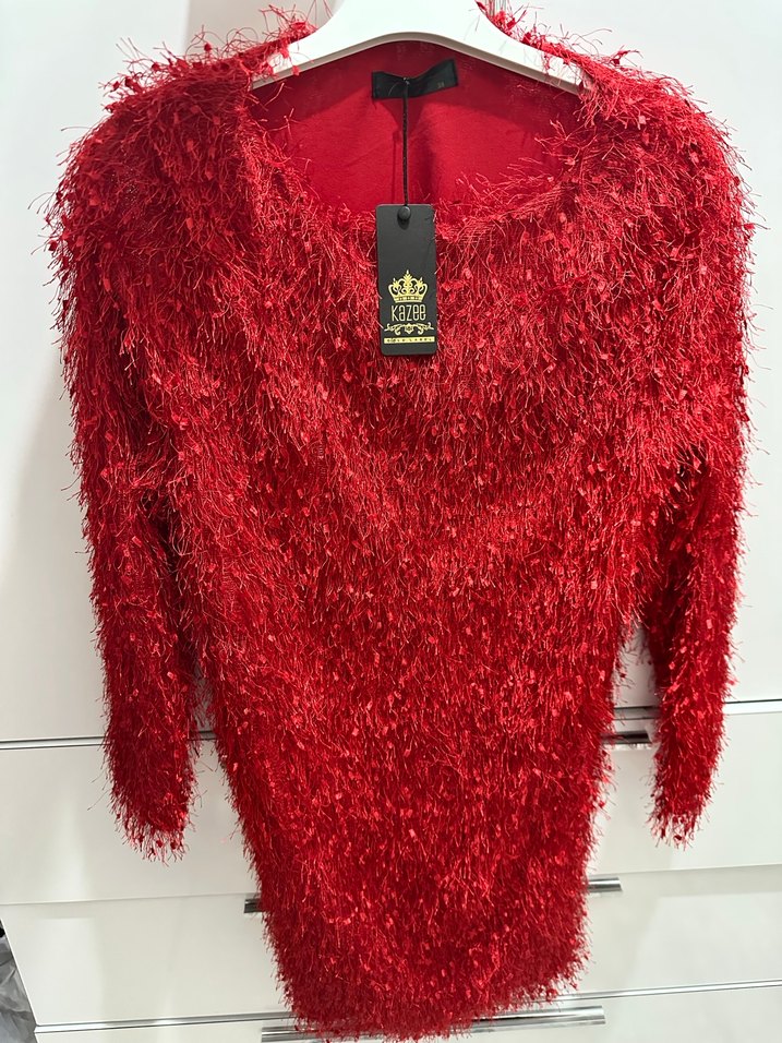 Kırmızı Kürk Detaylı Mini Kadın Elbise - Görsel 4