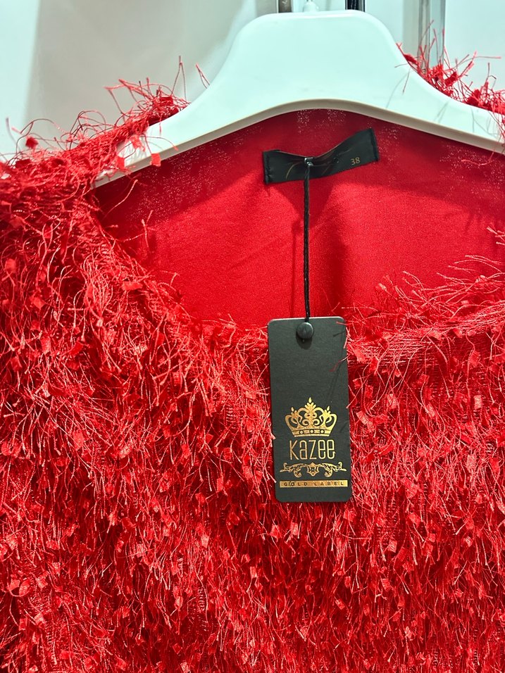 Kırmızı Kürk Detaylı Mini Kadın Elbise - Görsel 3