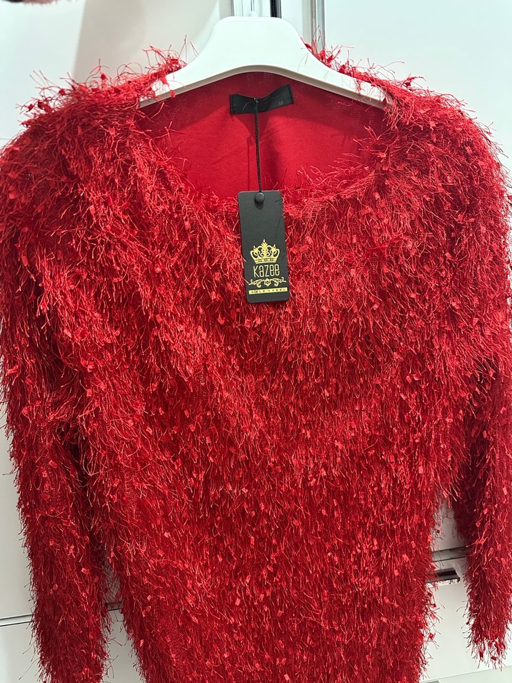 Kırmızı Kürk Detaylı Mini Kadın Elbise - Görsel 2