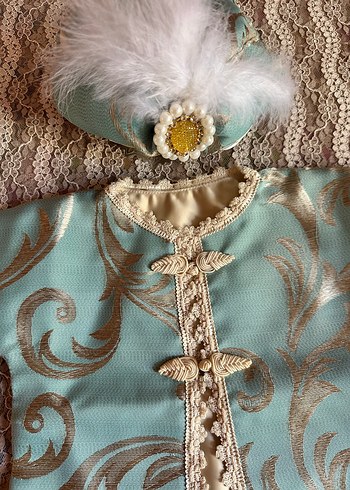 Nakışlı Turkuaz Dantel Detaylı Çocuk Kaftanı - Görsel 4