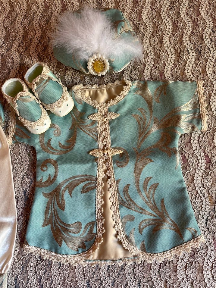 Nakışlı Turkuaz Dantel Detaylı Çocuk Kaftanı - Görsel 3