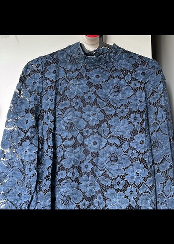 Uzun Kollu Lacivert Dantel Kadın Abiye Elbise - Görsel 2