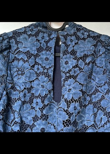 Uzun Kollu Lacivert Dantel Kadın Abiye Elbise - Görsel 5