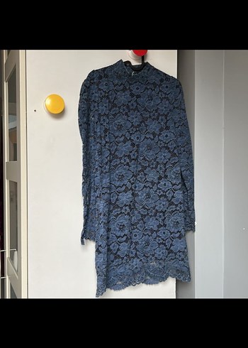 Uzun Kollu Lacivert Dantel Kadın Abiye Elbise - Görsel 3