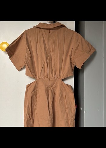 Kemerli Bej Mini Keten Elbise - Görsel 3