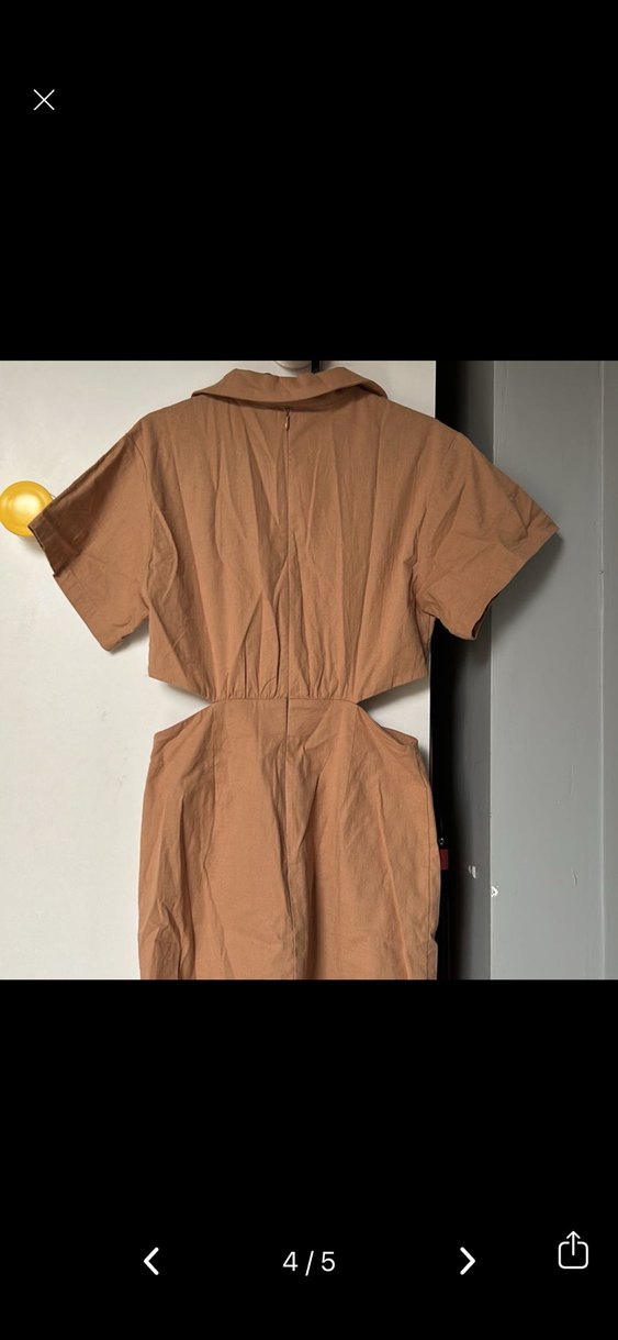 Kemerli Bej Mini Keten Elbise - Görsel 3