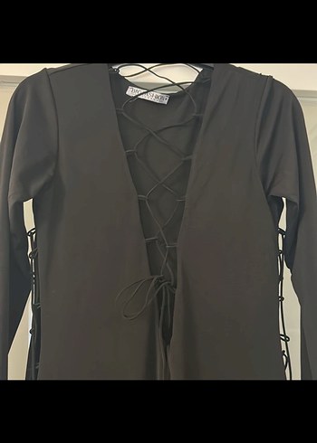 Siyah V Yakalı Uzun Kollu Gotik Elbise - Görsel 3