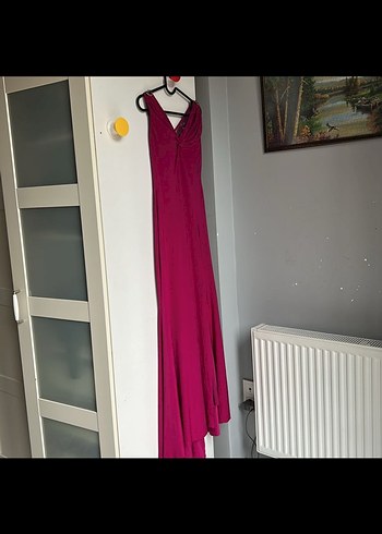 Pembe Drapeli V Yakalı Uzun Abiye Elbise - Görsel 2