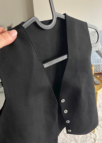 Düğmeli Siyah Keten Kadın Yelek - Görsel 4