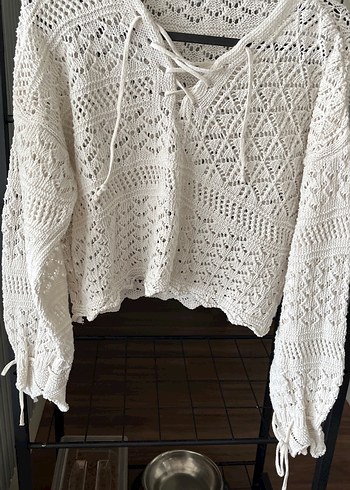 Bohem Uzun Kollu V Yakalı Örgü Kadın Kazak - Görsel 3