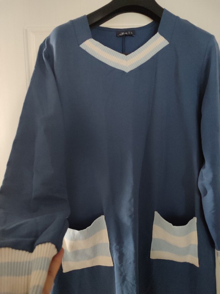 Uzun Kollu Mavi Kadın Uzun Elbise - Görsel 2