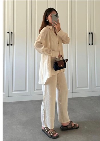 Zara Bej Keten Uzun Kollu Rahat Kesim Kadın Takım