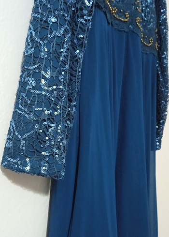 Boncuk işlemeli kahverengi tesettur abiye elbise - Görsel 8