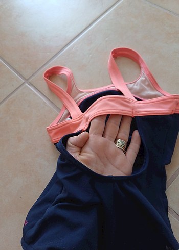 Koyu Mavi ve Pembe İnce Askılı Kız Mayo - Görsel 5