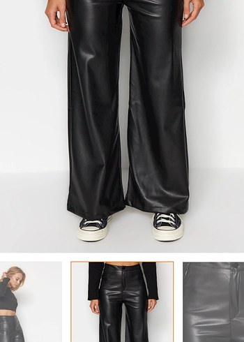Siyah Deri Kadın Bol Paça Pantolon - Görsel 4