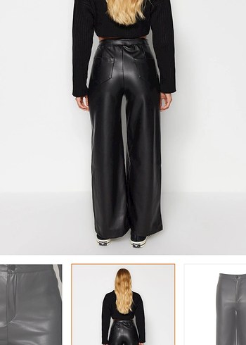 Siyah Deri Kadın Bol Paça Pantolon - Görsel 6