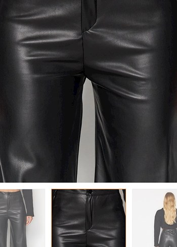 Siyah Deri Kadın Bol Paça Pantolon - Görsel 5