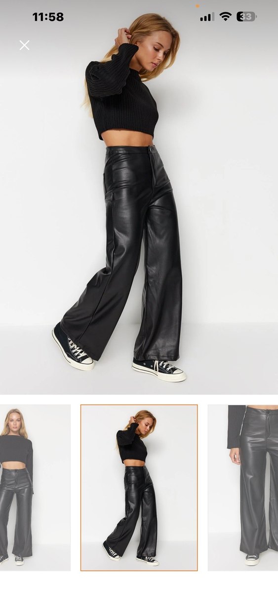 Siyah Deri Kadın Bol Paça Pantolon - Görsel 3