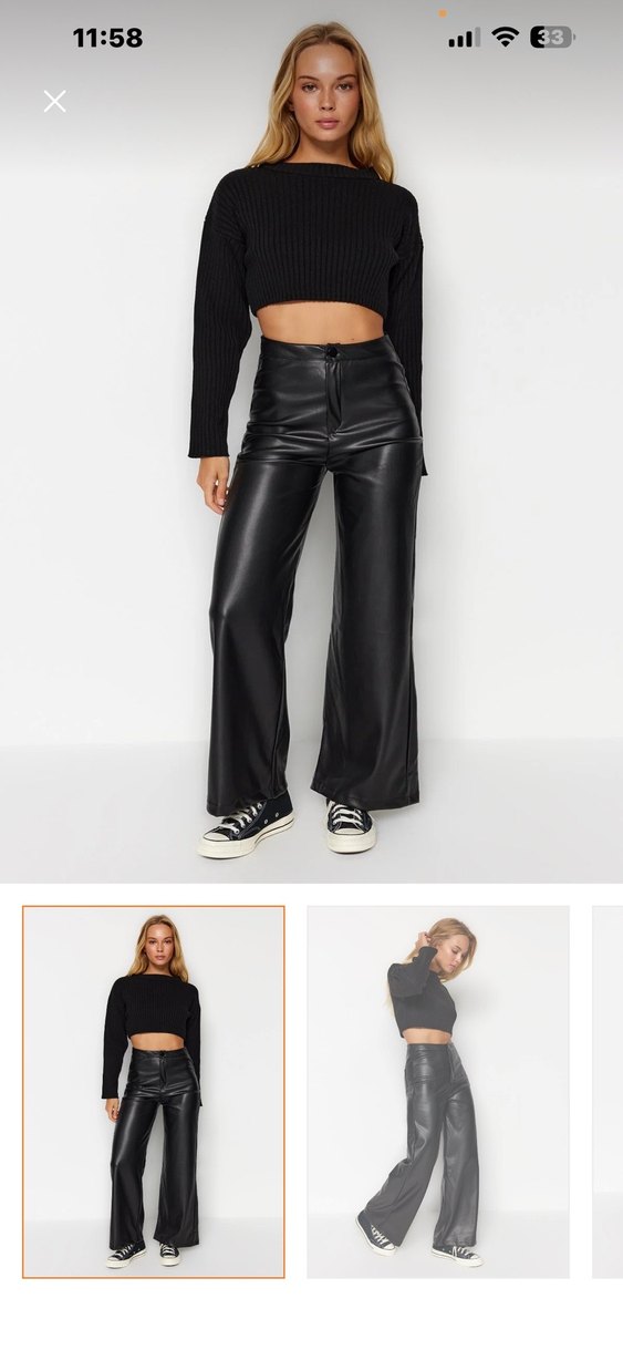 Siyah Deri Kadın Bol Paça Pantolon - Görsel 2