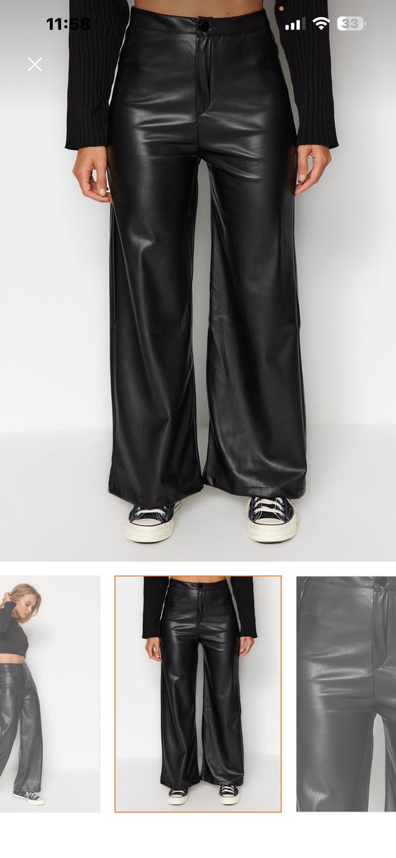 Siyah Deri Kadın Bol Paça Pantolon - Görsel 4