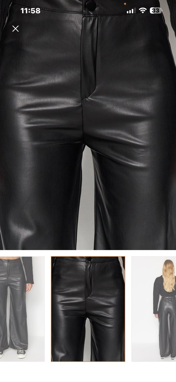Siyah Deri Kadın Bol Paça Pantolon - Görsel 5