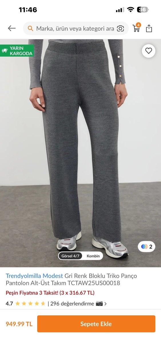 Trendyolmilla Modest Gri Bloklu Triko Panco ve Pantolon Takım - Görsel 4