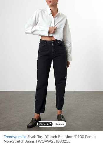 Siyah Taşlı Yüksek Bel Mom Jean - Görsel 2