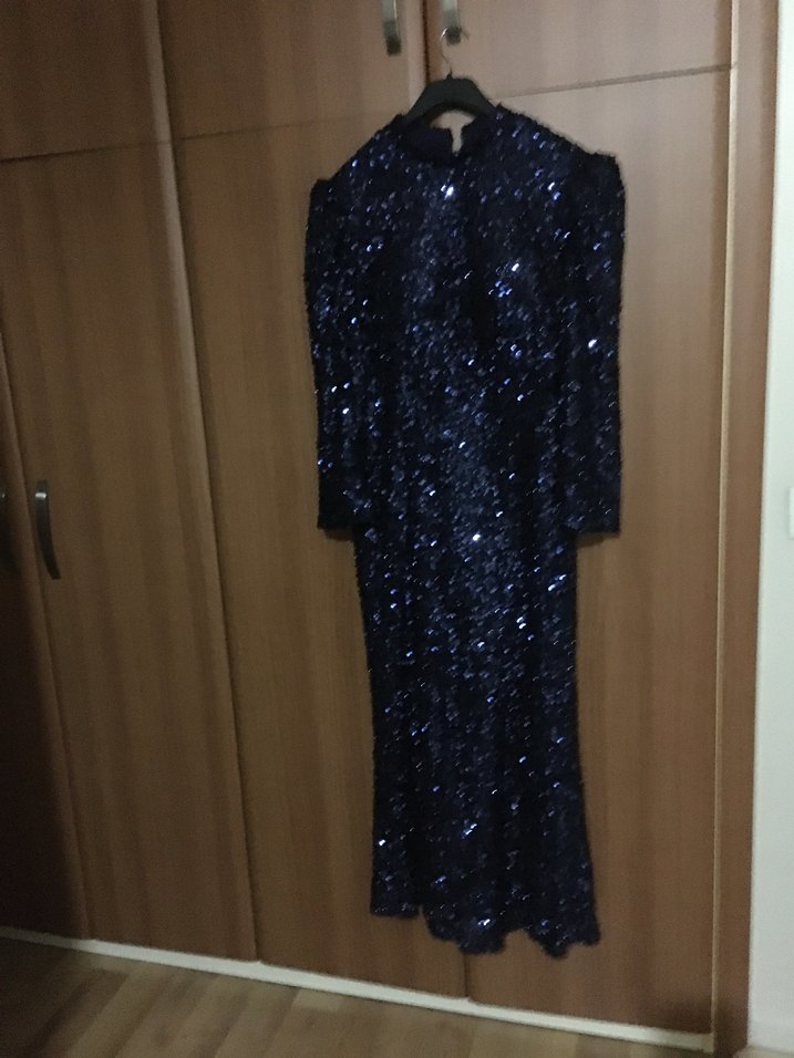 Lacivert Simli Yılan Desenli Uzun Abiye Elbise - Görsel 4