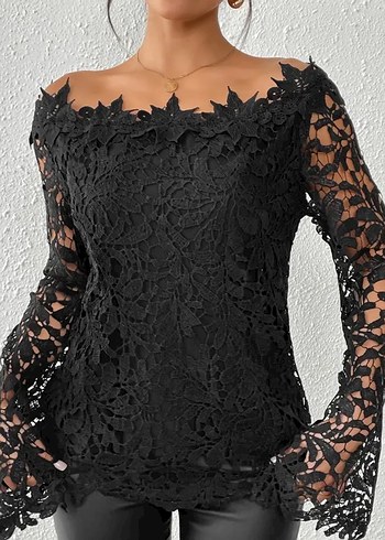 Dantel Detaylı Siyah Uzun Kollu Bluz - Görsel 4