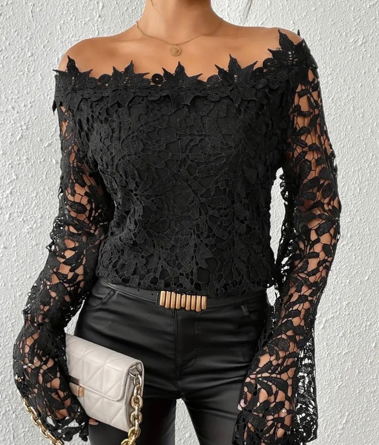 Dantel Detaylı Siyah Uzun Kollu Bluz - Görsel 2