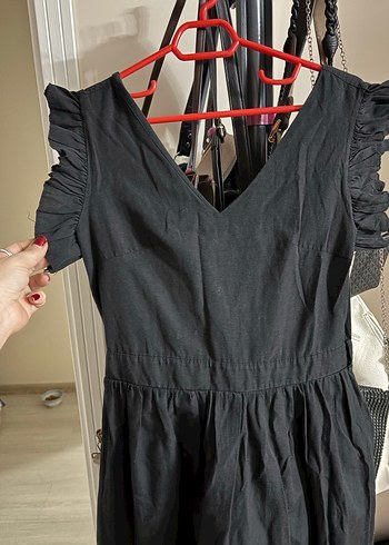 Siyah Fırfırlı Uzun Keten Elbise - Görsel 2