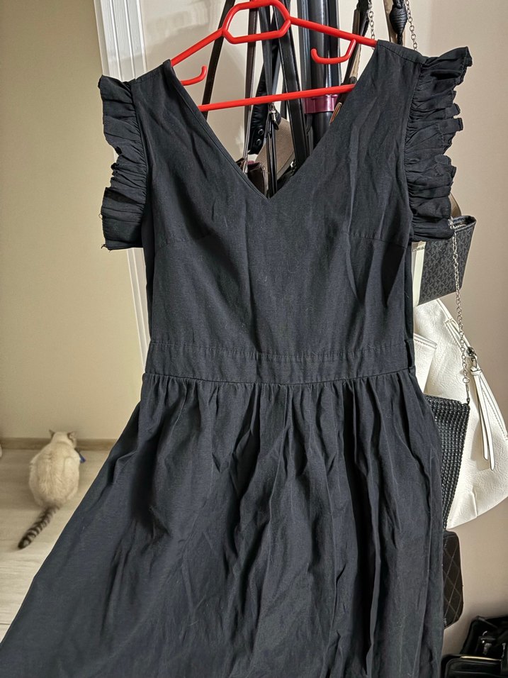 Siyah Fırfırlı Uzun Keten Elbise - Görsel 3