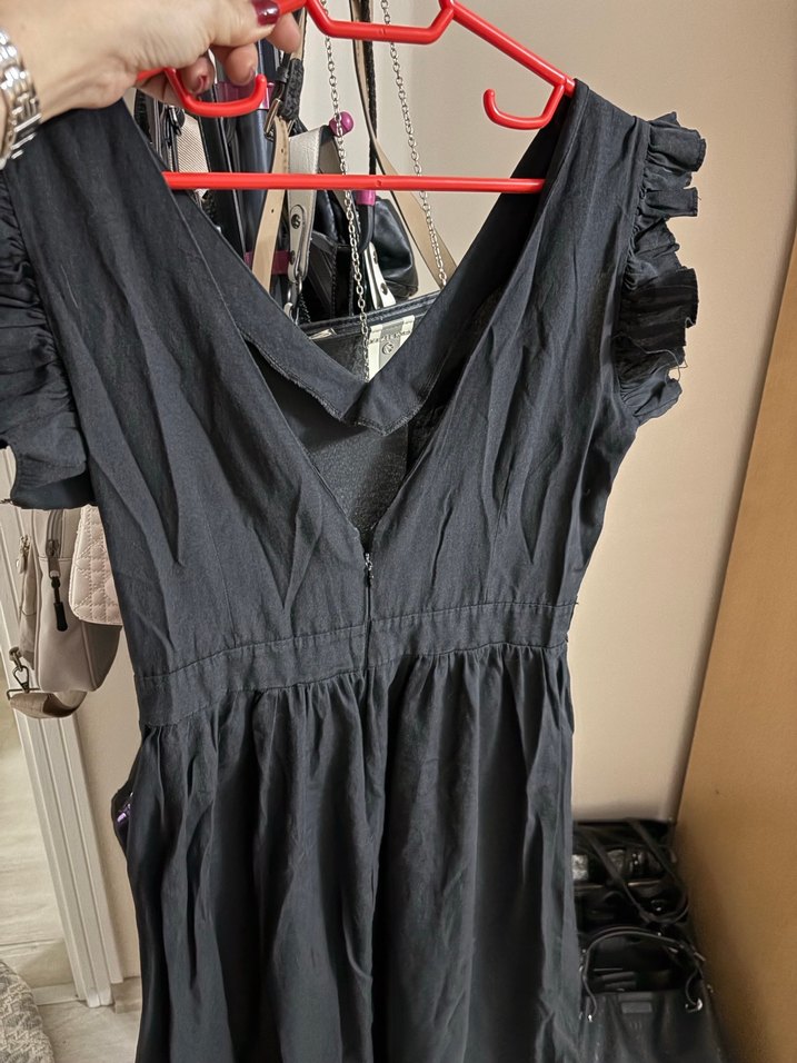 Siyah Fırfırlı Uzun Keten Elbise - Görsel 4