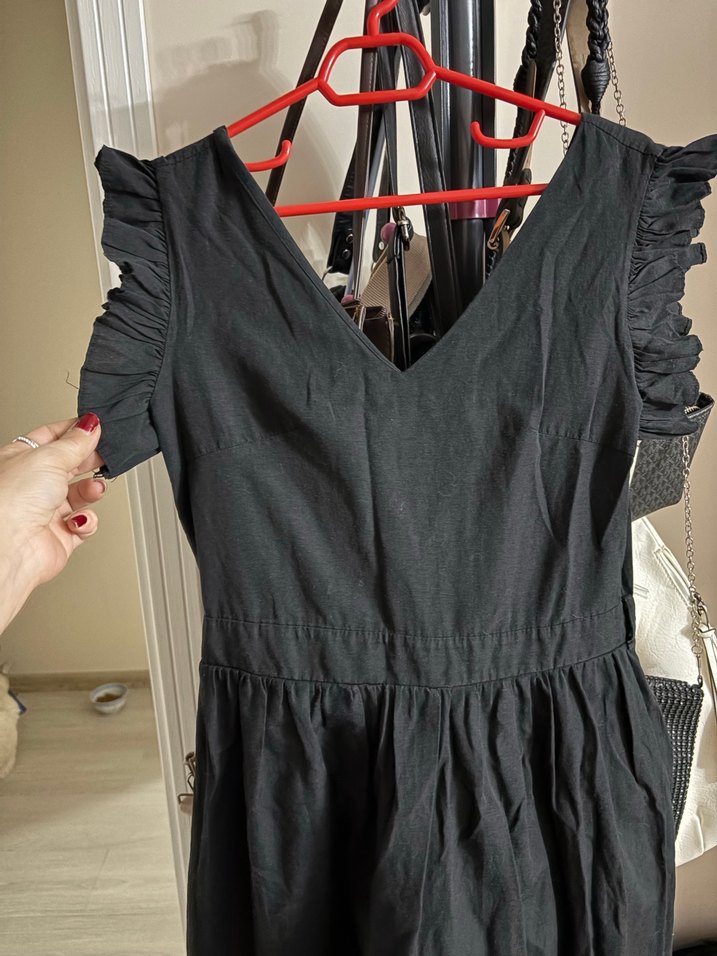 Siyah Fırfırlı Uzun Keten Elbise - Görsel 2