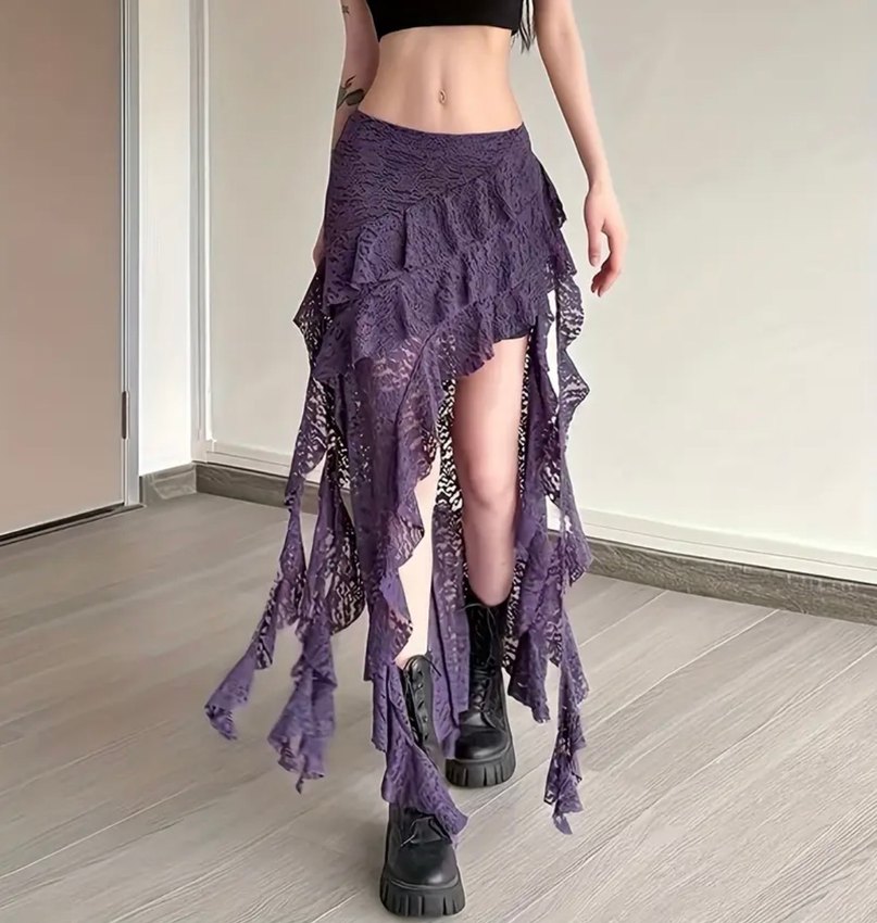 Mor Uzun Volanlı Gotik Etek - Görsel 2