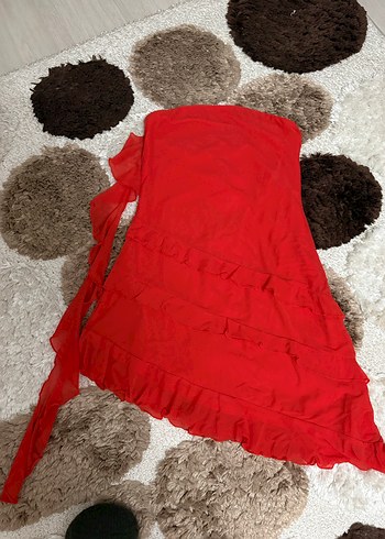 Parlak Kırmızı Askısız Mini Elbise - Görsel 4