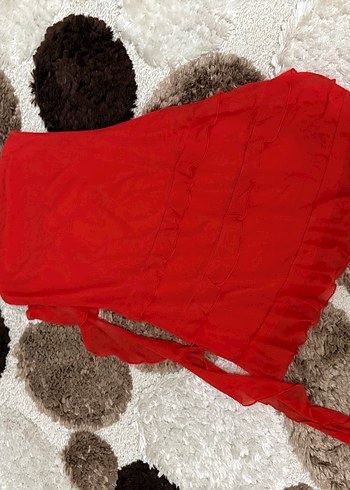 Parlak Kırmızı Askısız Mini Elbise - Görsel 5