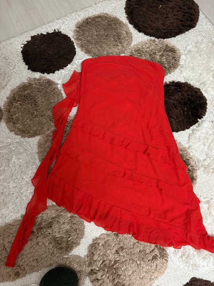 Parlak Kırmızı Askısız Mini Elbise - Görsel 4