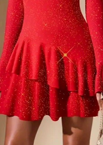 Kırmızı V Yaka Mini Parlak Elbise - Görsel 3