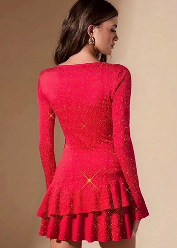 Kırmızı V Yaka Mini Parlak Elbise - Görsel 2