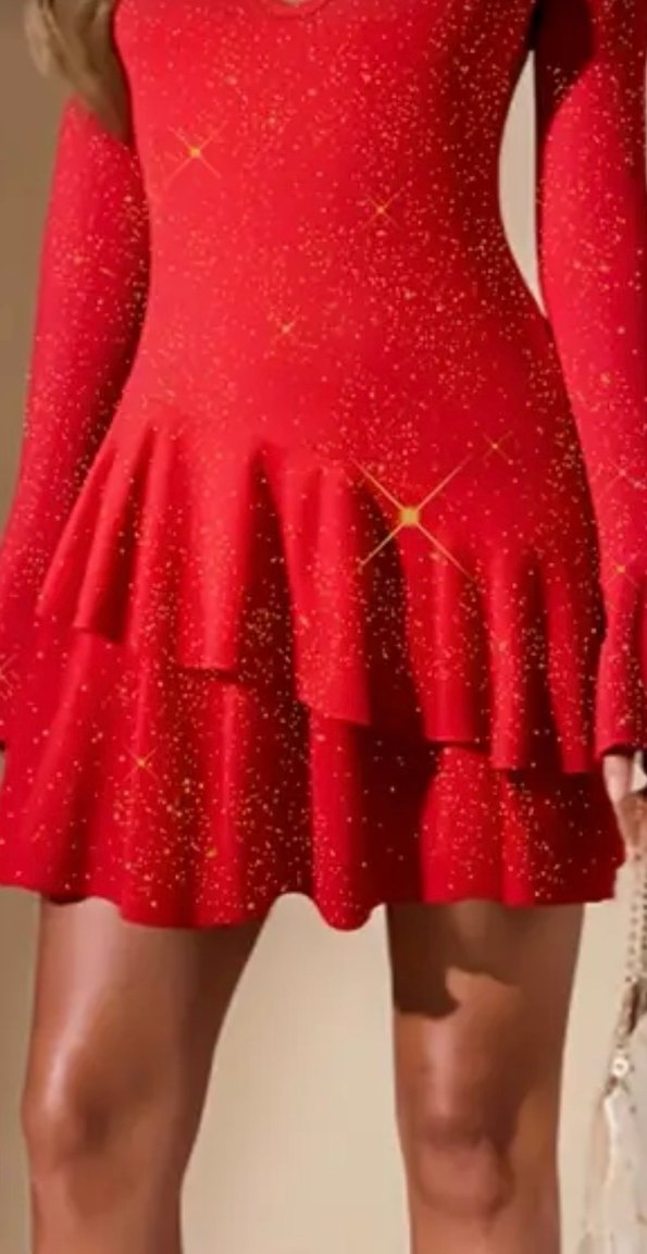Kırmızı V Yaka Mini Parlak Elbise - Görsel 3